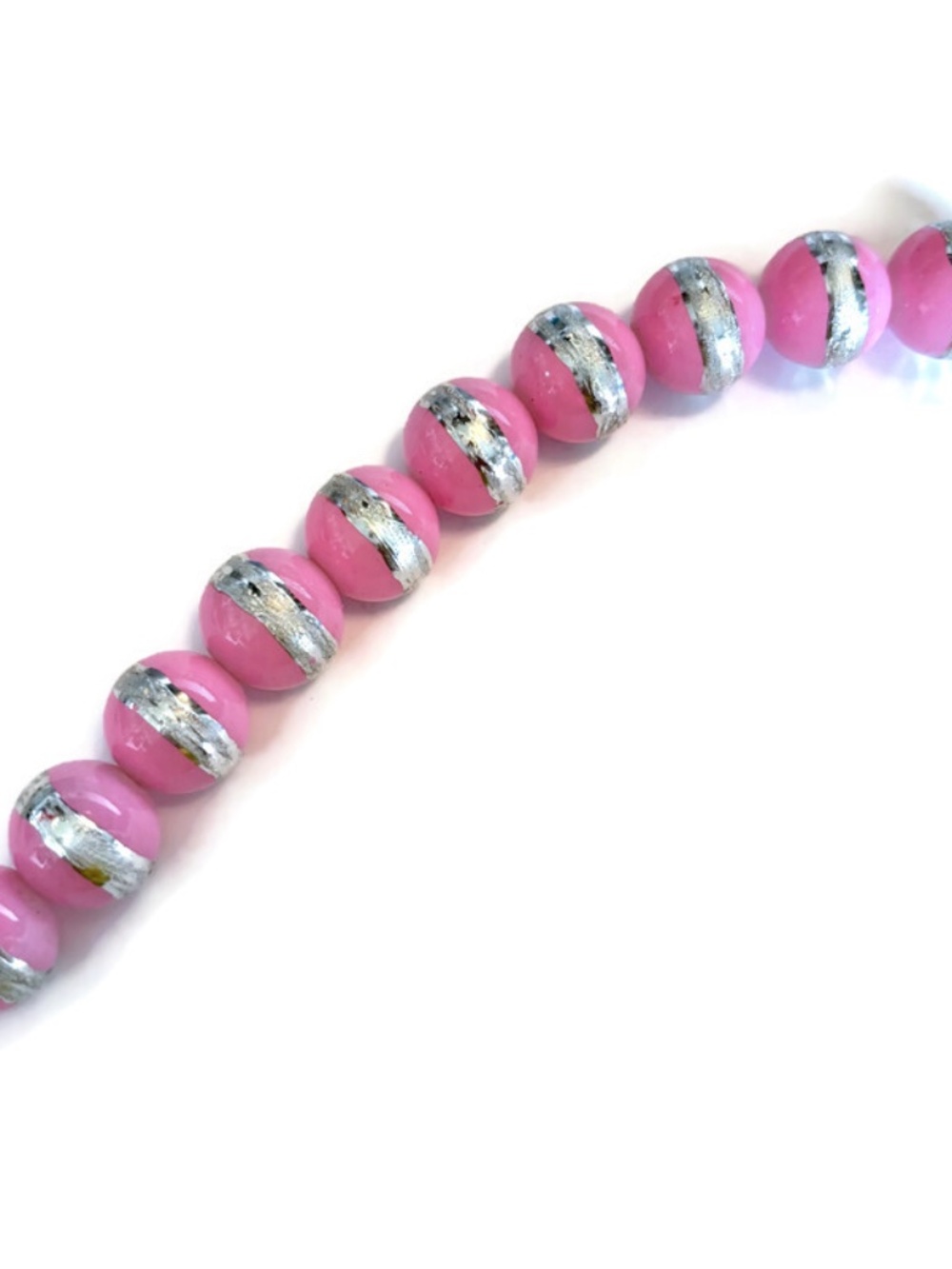 🔥$1 Clearance Bubble Gum Pink Rounds With A Silver Band Glass Beads 14mm (10)